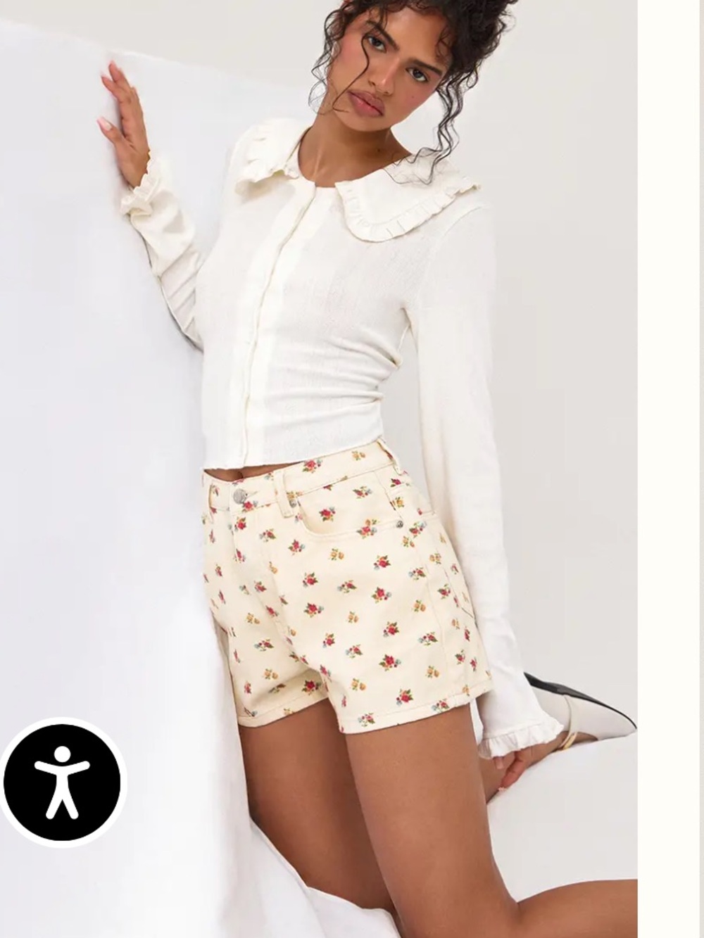 PrettyLittleThing Cream Floral High-Waist Jean Shorts